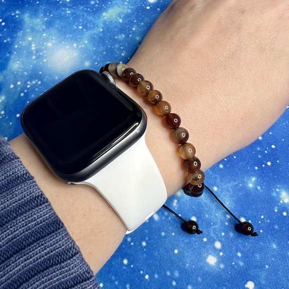 Unisex 6mm Dark Coffee Striped Agate Natural Stone Beaded Rope Bracelet NEW - Picture 4 of 7